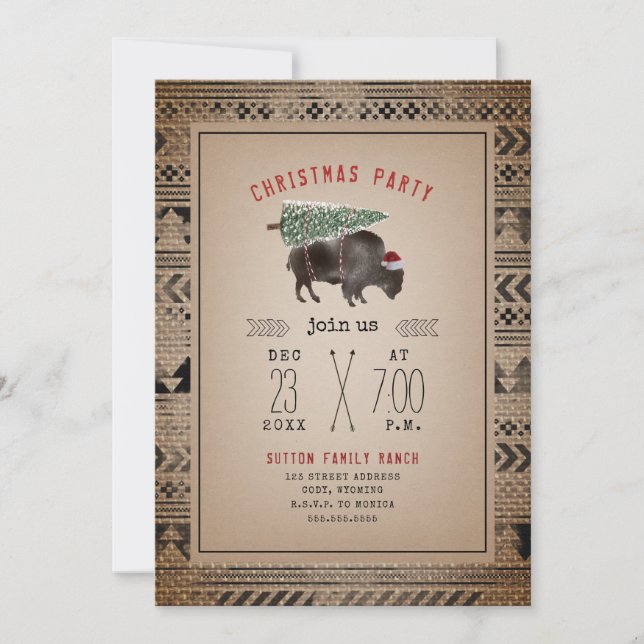 Christmas Party Buffalo Bison Tree Santa Burlap Invitation (Front)