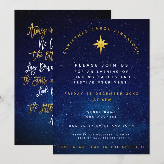 Christmas Party Carol Singalong Midnight Blue Gold Invitation (Front/Back)