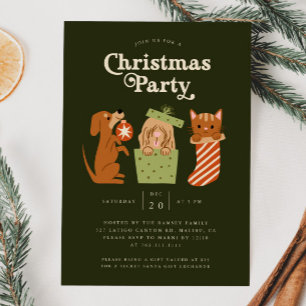 Christmas Party Cat Dog Green Invitation