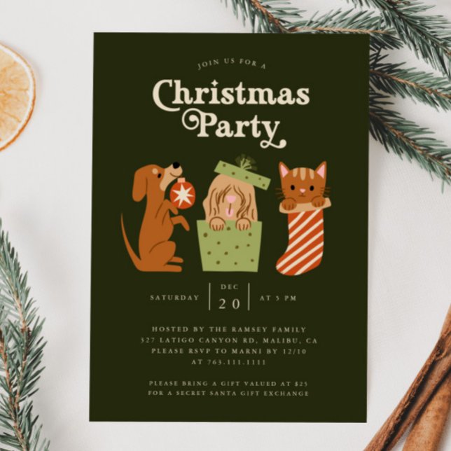 Christmas Party Cat Dog Green Invitation (Creator Uploaded)