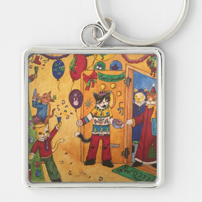 Christmas Party Cats Keychain (Front)