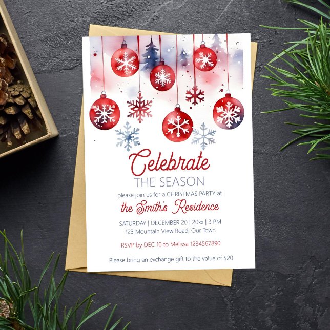 Christmas party celebrate the season invitation (Christmas party celebrate the season template invitation instant download watercolor red baubles fir)