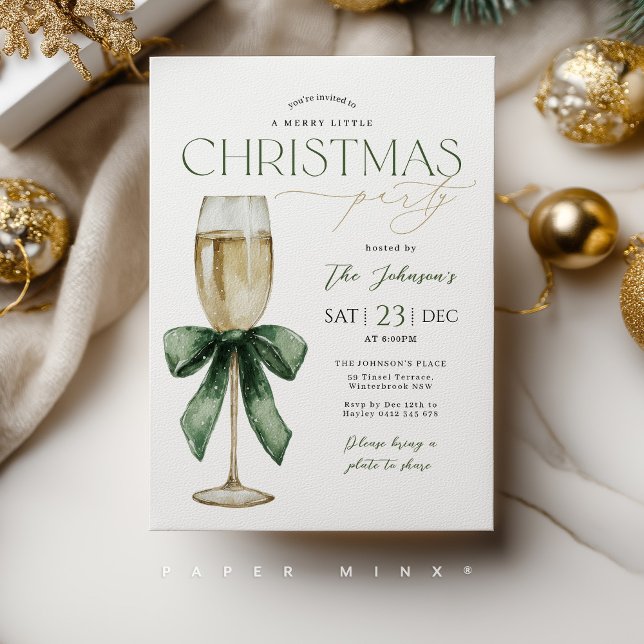 Christmas Party Champange Glass Green Gold  Invitation (Christmas party invitation with champagne glass with festive green bow. )