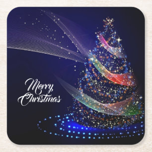 Christmas Party Colorful Tree Navy Blue Square Paper Coaster
