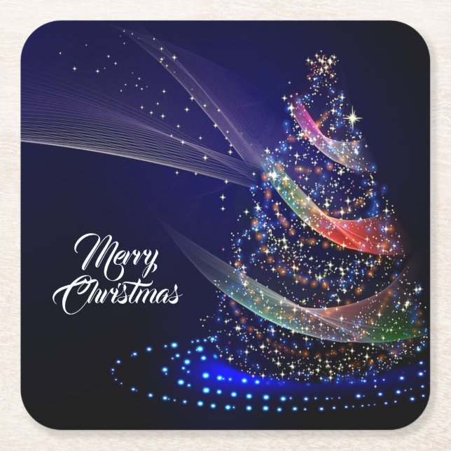 Christmas Party Colorful Tree Navy Blue Square Paper Coaster (Front)