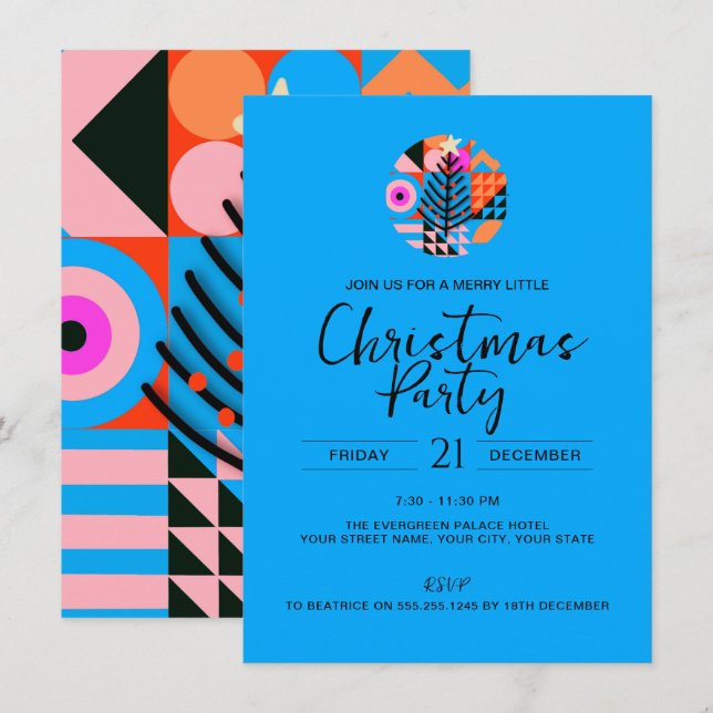 Christmas Party Colourful Geometric Pattern Blue  Invitation (Front/Back)