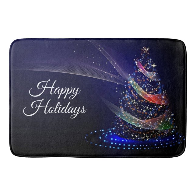 Christmas Party Colourful Tree Navy Blue Rustic Bath Mat (Front)