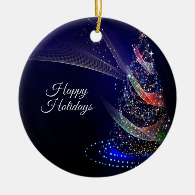 Christmas Party Colourful Tree Navy Blue Rustic Ceramic Ornament (Front)