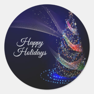Christmas Party Colourful Tree Navy Blue Rustic Classic Round Sticker