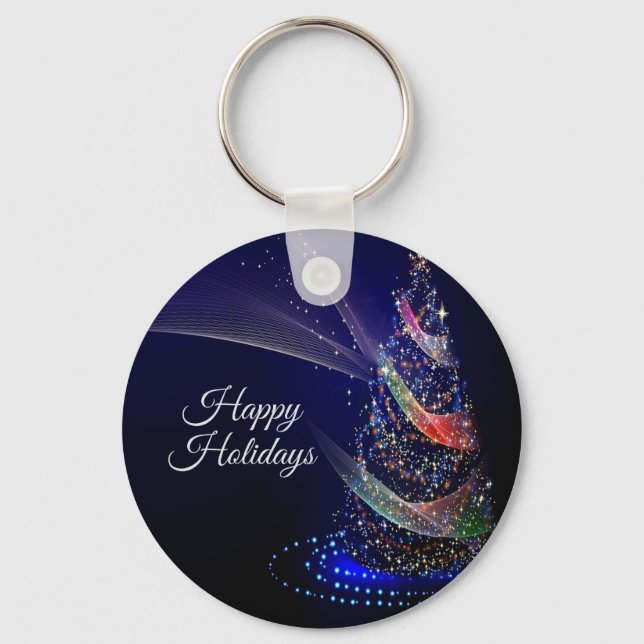 Christmas Party Colourful Tree Navy Blue Rustic Keychain (Front)