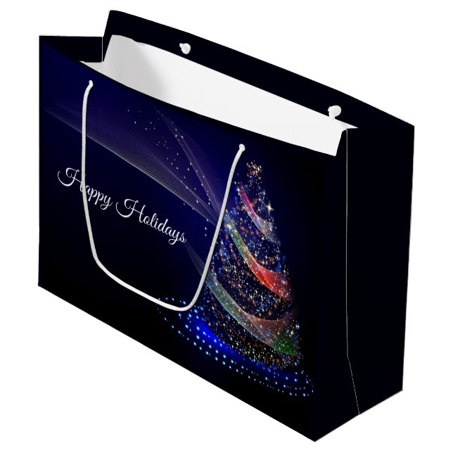 Christmas Party Colourful Tree Navy Blue Rustic Large Gift Bag (Front Angled)
