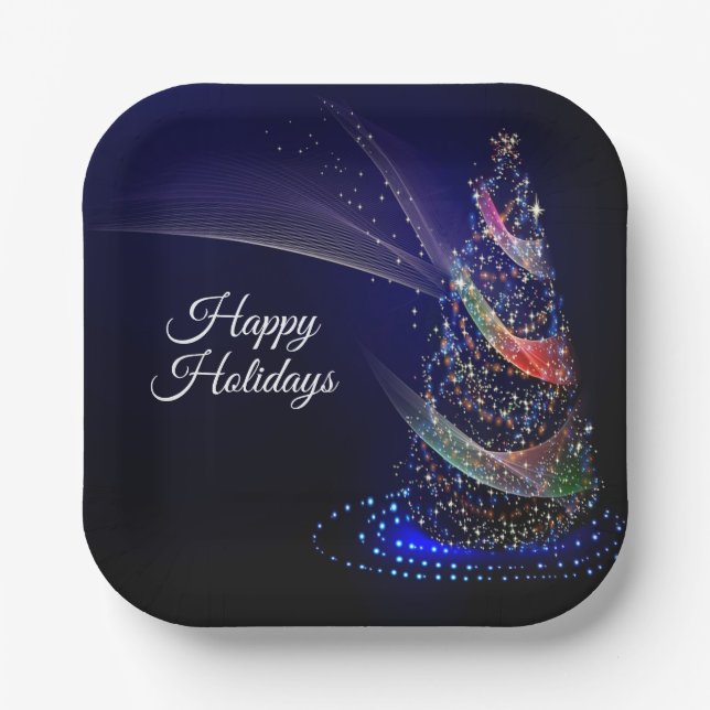 Christmas Party Colourful Tree Navy Blue Rustic Paper Plate (Front)