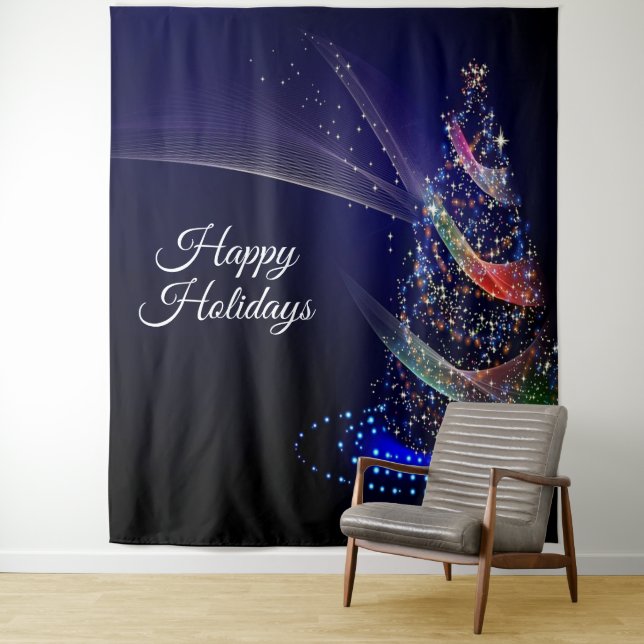 Christmas Party Colourful Tree Navy Blue Rustic Tapestry (In Situ)
