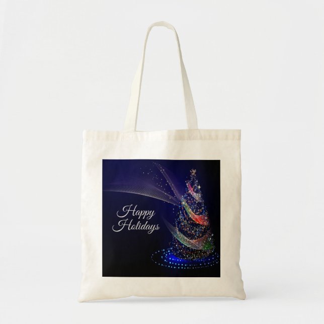 Christmas Party Colourful Tree Navy Blue Rustic Tote Bag (Front)