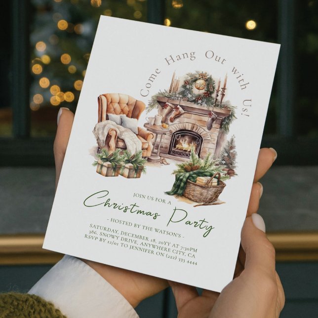 Christmas Party Cozy Watercolor Fireplace Invitation (Creator Uploaded)