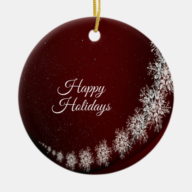 Christmas Party Crystal Snowflakes Red Rustic Ceramic Ornament (Front)