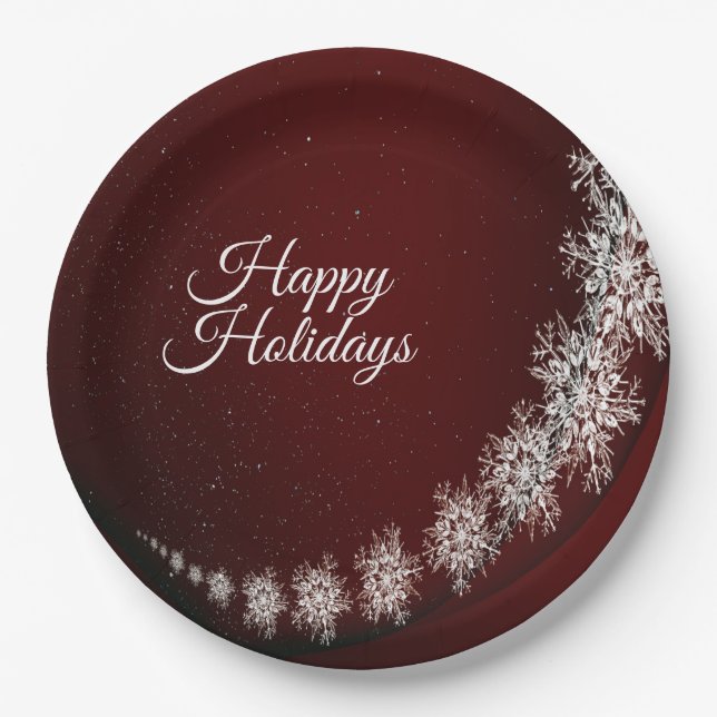 Christmas Party Crystal Snowflakes Red Rustic Paper Plate (Front)