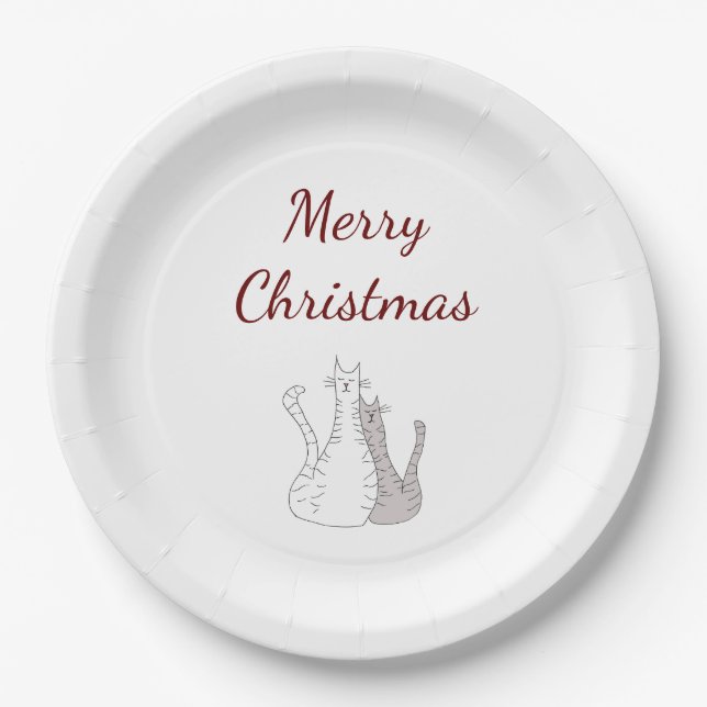 Christmas Party Cute Cats Elegant Red Script Paper Plate (Front)