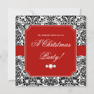 Christmas Party Damask Red Black White Invite
