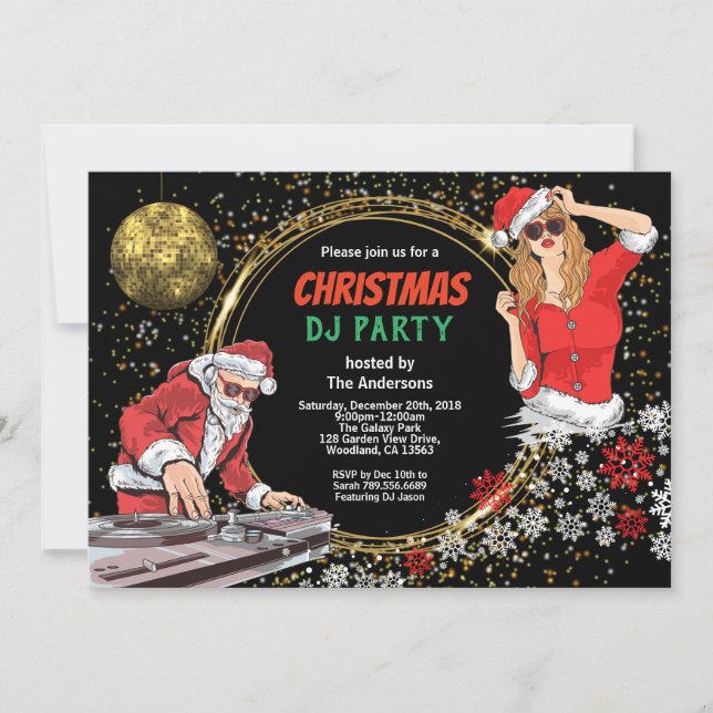 Christmas party DJ disco dance dirty santa gold Invitation (Front)