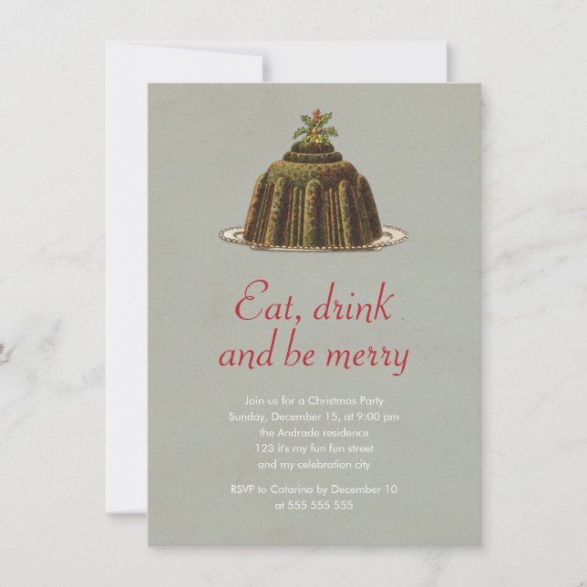 Christmas Party Eat Drink Be Merry Pudding Holiday Invitation (Front)