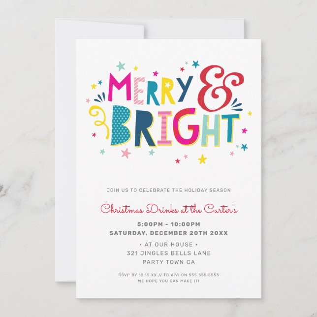 CHRISTMAS PARTY festive typography MERRY & BRIGHT Holiday Card (Front)