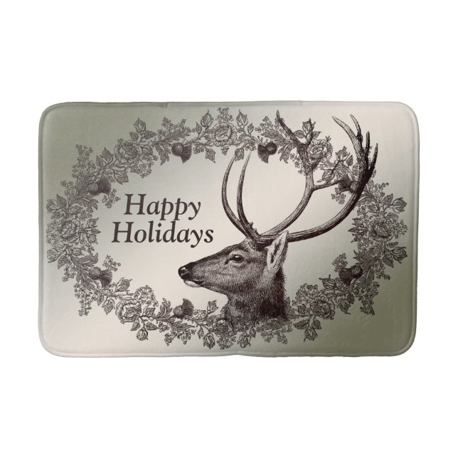 Christmas Party Floral Reindeer Golden Winter Bath Mat (Front)