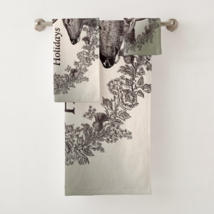 Christmas Party Floral Reindeer Golden Winter Bath Towel Set