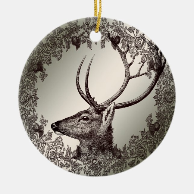 Christmas Party Floral Reindeer Golden Winter Ceramic Ornament (Front)