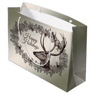 Christmas Party Floral Reindeer Golden Winter Large Gift Bag