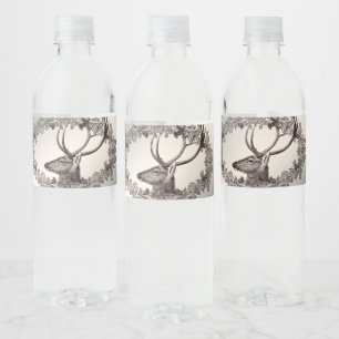 Christmas Party Floral Reindeer Golden Winter Water Bottle Label