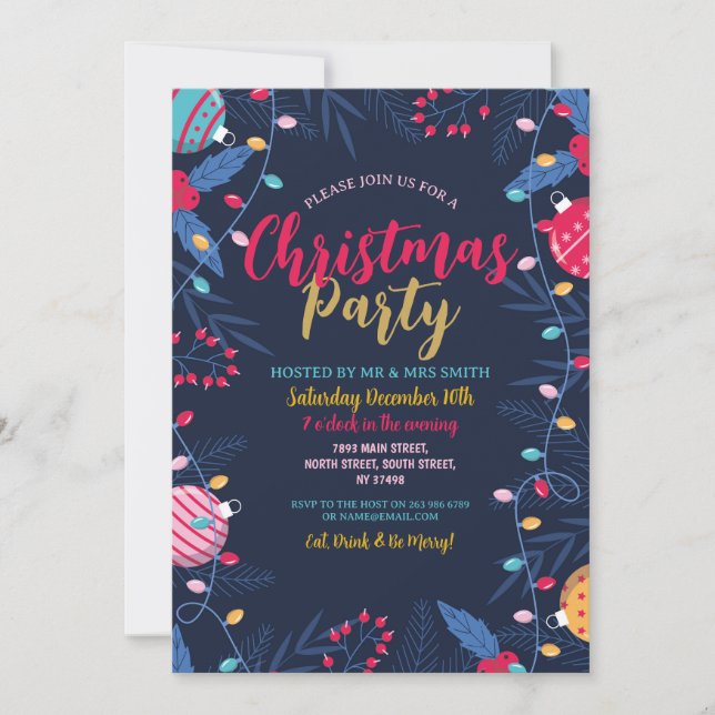 Christmas Party Foliage Baubles Navy Festive Fun Invitation (Front)