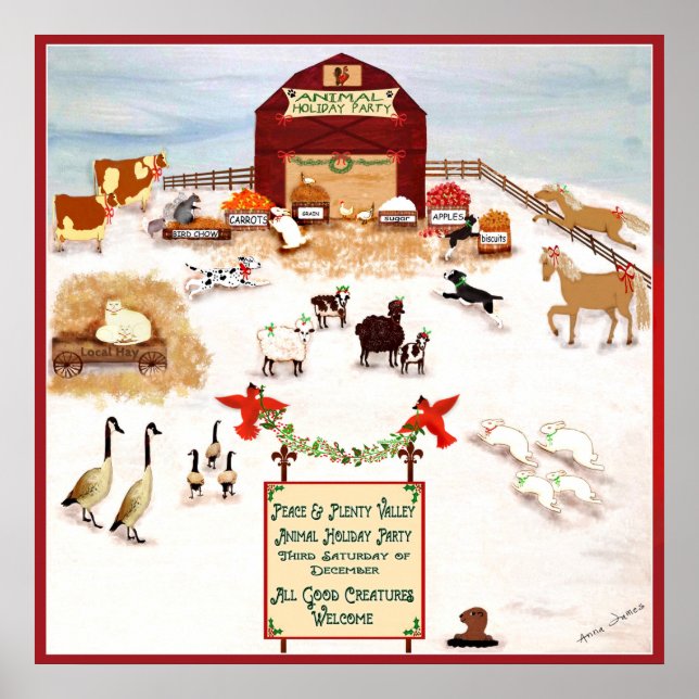 Christmas Party for animals farm folk art dogs Poster (Front)