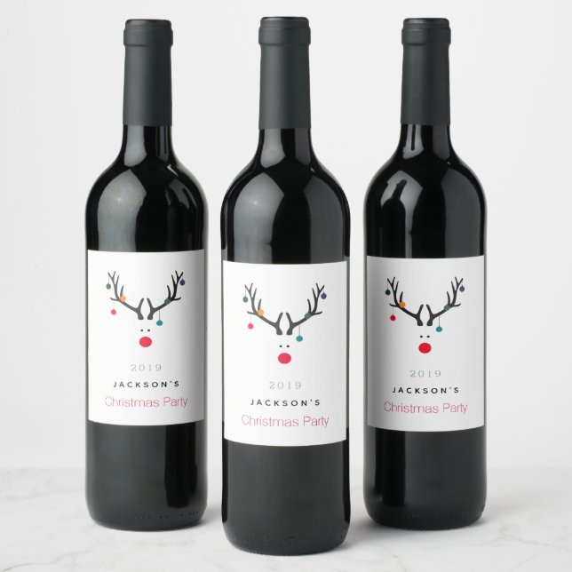Christmas party funny reindeer white red family wine label (Bottles)