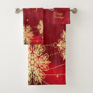 Christmas Party Gift Red Golden Snowflakes Holiday Bath Towel Set