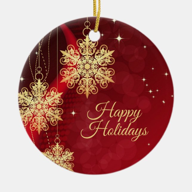Christmas Party Gift Red Golden Snowflakes Holiday Ceramic Ornament (Front)