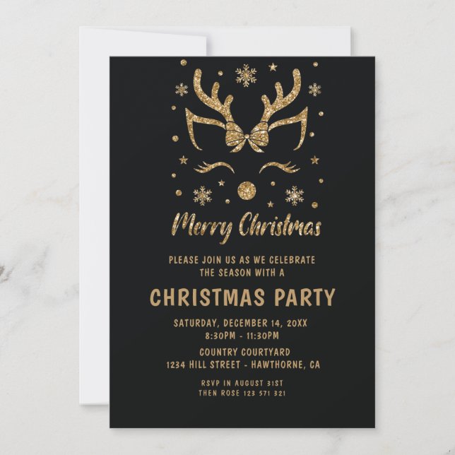 Christmas Party Glitter  Gold  deer  Invitation (Front)