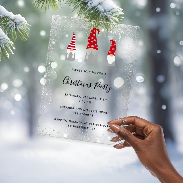 Christmas party gnomes glitter frosted invitation (Creator Uploaded)