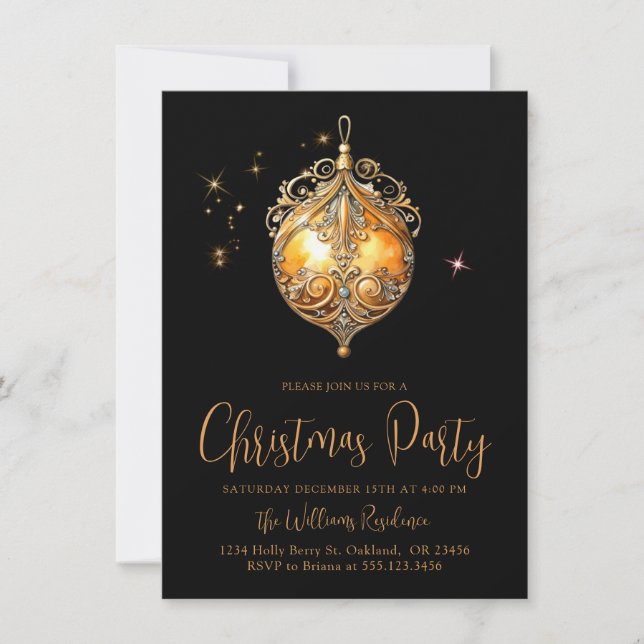 Christmas Party Gold Black Holiday Bulb Invitation (Front)