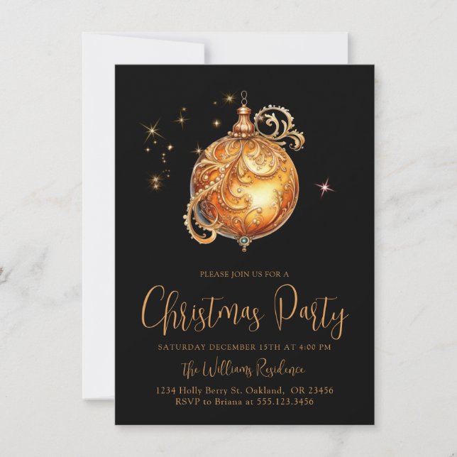Christmas Party Gold Black Holiday Bulb Invitation (Front)