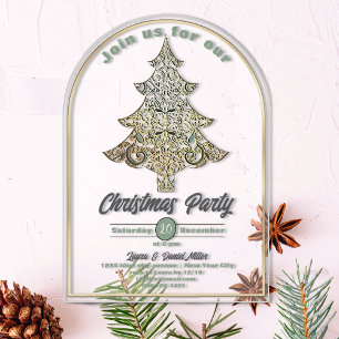 Christmas party gold & catnip green filigree tree  acrylic invitations
