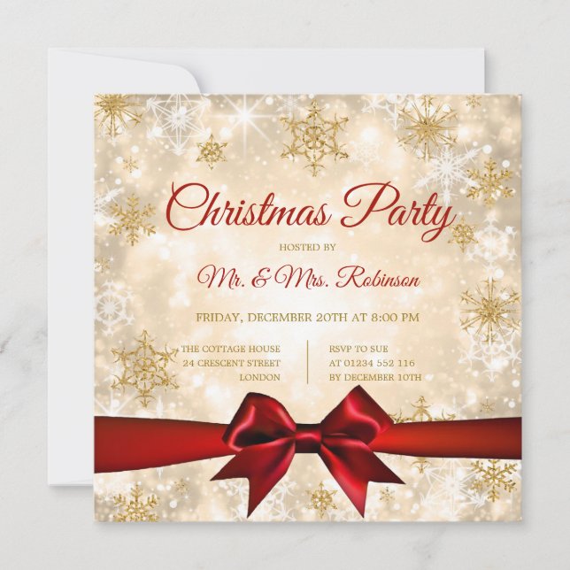 Christmas Party Gold Winter Sparkle Red Ribbon Invitation (Front)