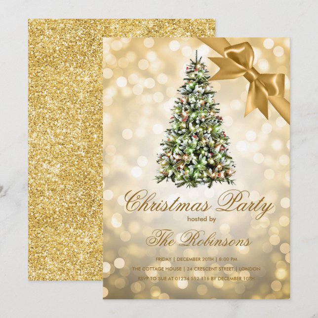 Christmas Party | Gold Xmas Tree Lights Ribbon Invitation (Front/Back)