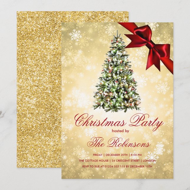 Christmas Party | Gold Xmas Tree Ribbon Glitter Invitation (Front/Back)