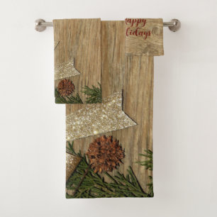 Christmas Party Golden Green Leaves Red Rustic Bath Towel Set