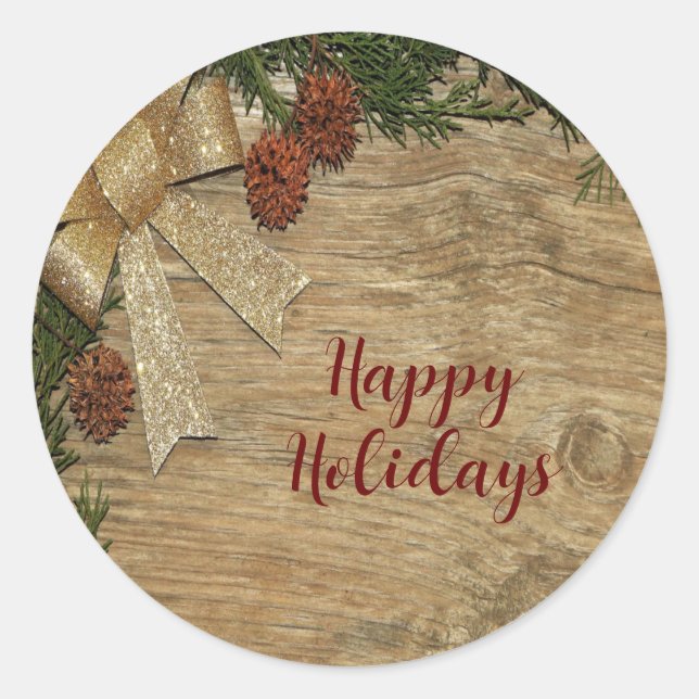 Christmas Party Golden Green Leaves Red Rustic Classic Round Sticker (Front)