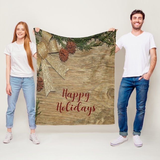 Christmas Party Golden Green Leaves Red Rustic Fleece Blanket (In Situ)