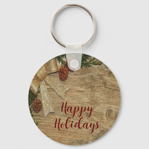 Christmas Party Golden Green Leaves Red Rustic Keychain