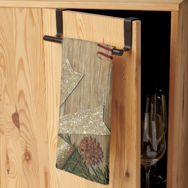 Christmas Party Golden Green Leaves Red Rustic Kitchen Towel (Thirds Fold)