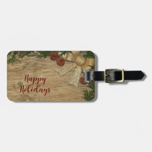 Christmas Party Golden Green Leaves Red Rustic Luggage Tag
